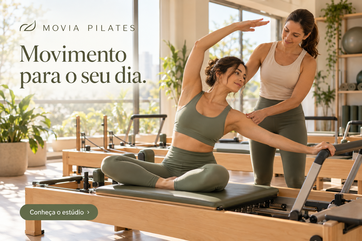 Anúncio ilustrativo do estúdio fictício Movia Pilates