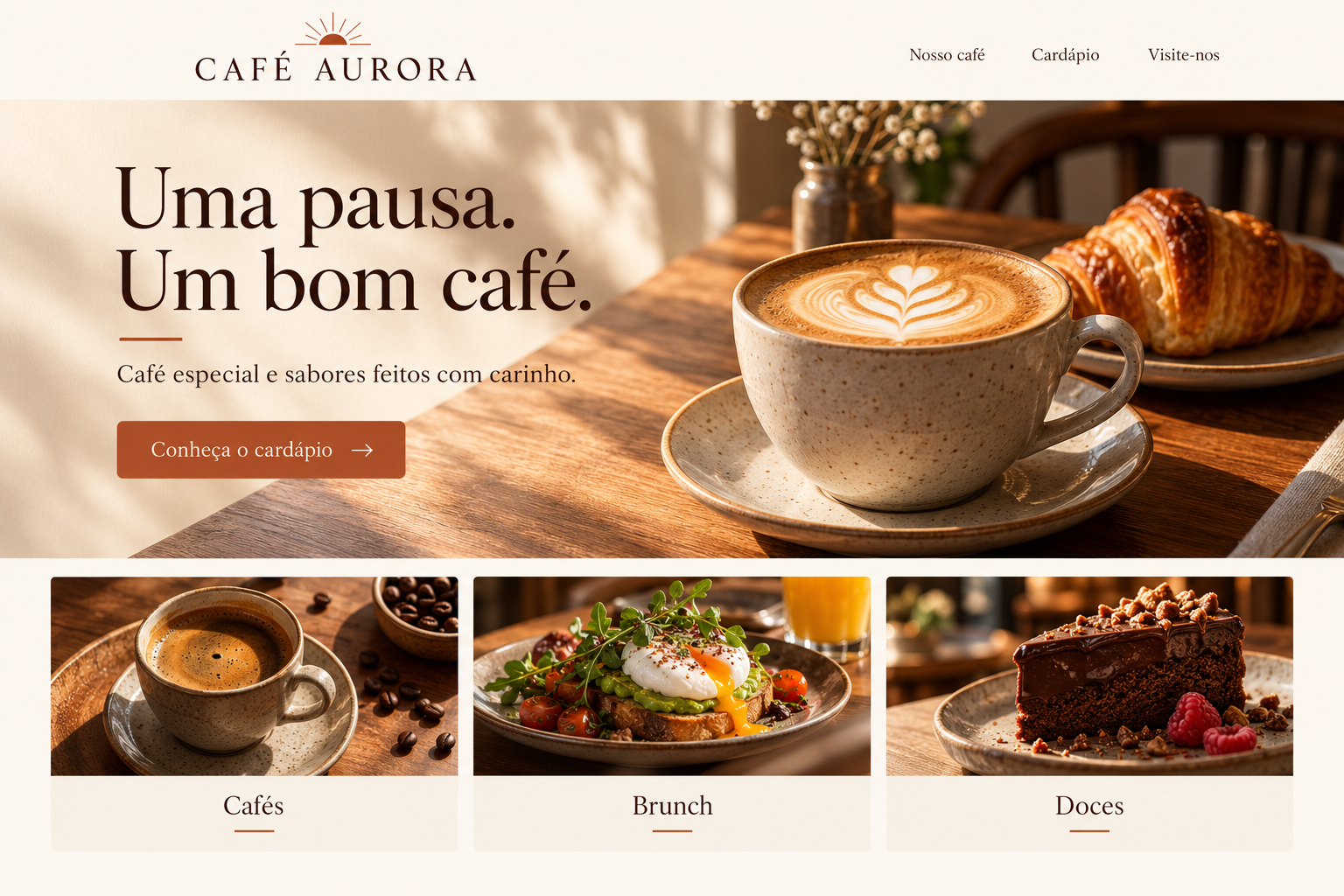 Site ilustrativo da cafeteria fictícia Café Aurora